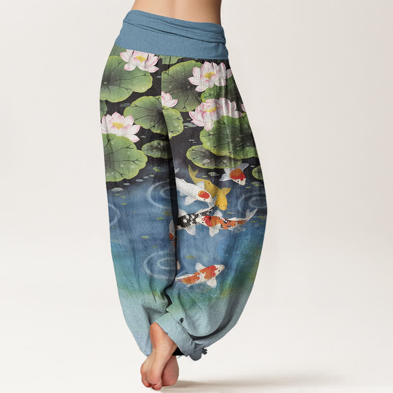 Buddha Stones Baumwoll-Haremshose mit Lotus-Koi-Teich-Muster und elastischem Bund für Damen - image 6