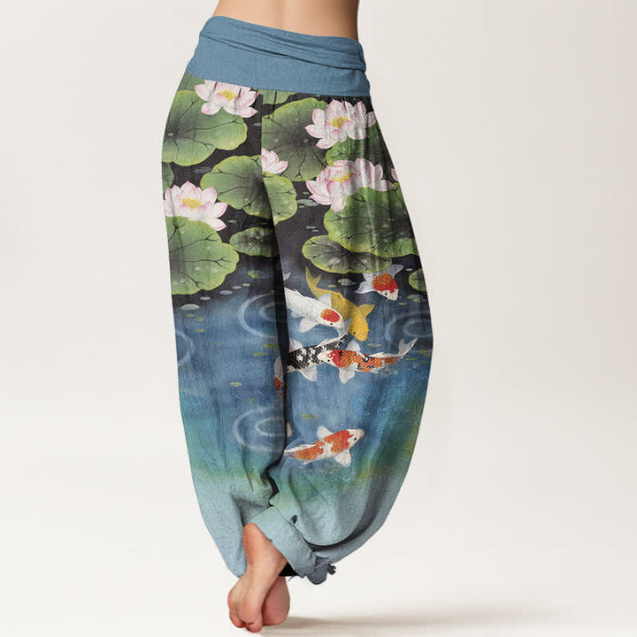Buddha Stones Baumwoll-Haremshose mit Lotus-Koi-Teich-Muster und elastischem Bund für Damen - image 6