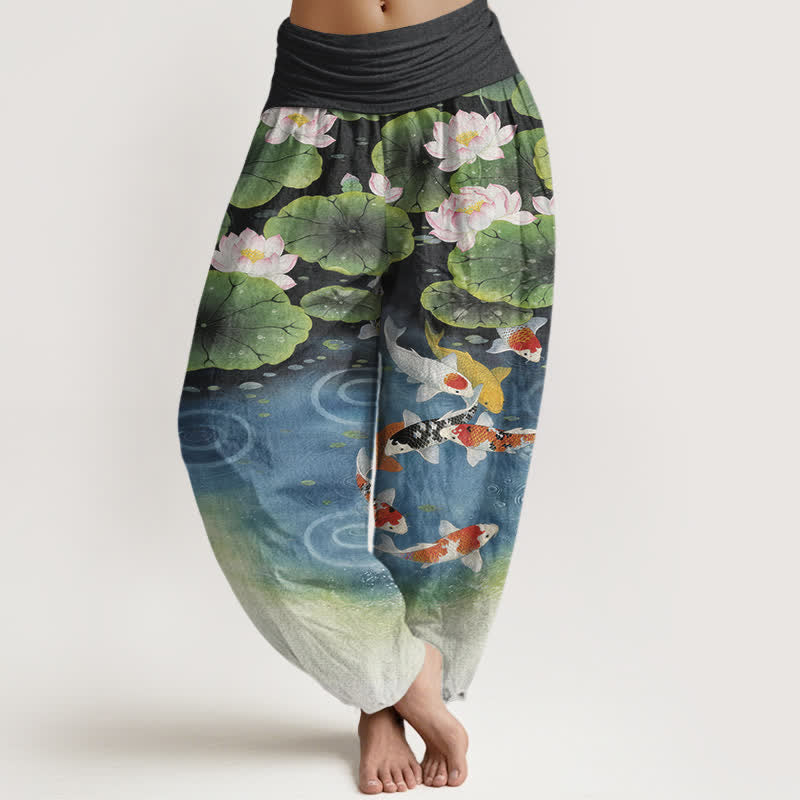 Buddha Stones Baumwoll-Haremshose mit Lotus-Koi-Teich-Muster und elastischem Bund für Damen - Schwarz - US16, UK/AU20, EU48 (3XL) - image 8