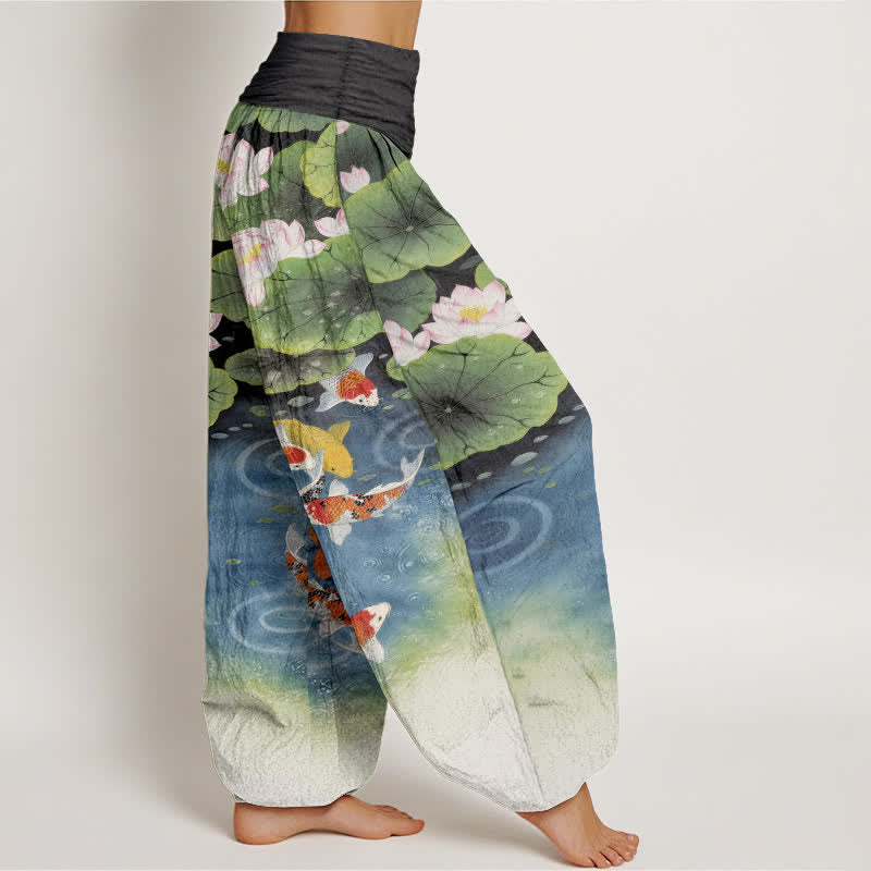 Buddha Stones Baumwoll-Haremshose mit Lotus-Koi-Teich-Muster und elastischem Bund für Damen - image 10