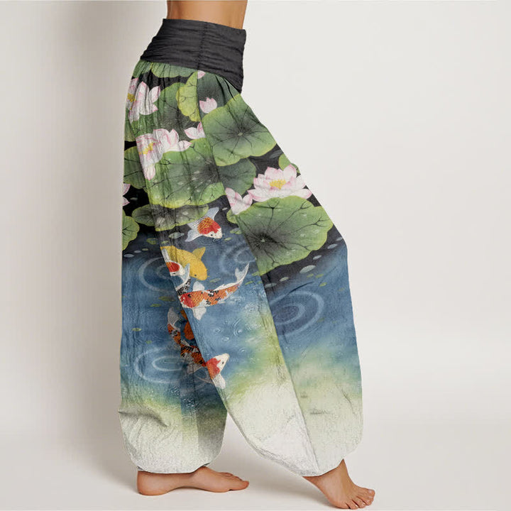Buddha Stones Baumwoll-Haremshose mit Lotus-Koi-Teich-Muster und elastischem Bund für Damen - image 10