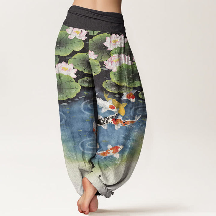 Buddha Stones Baumwoll-Haremshose mit Lotus-Koi-Teich-Muster und elastischem Bund für Damen - image 9