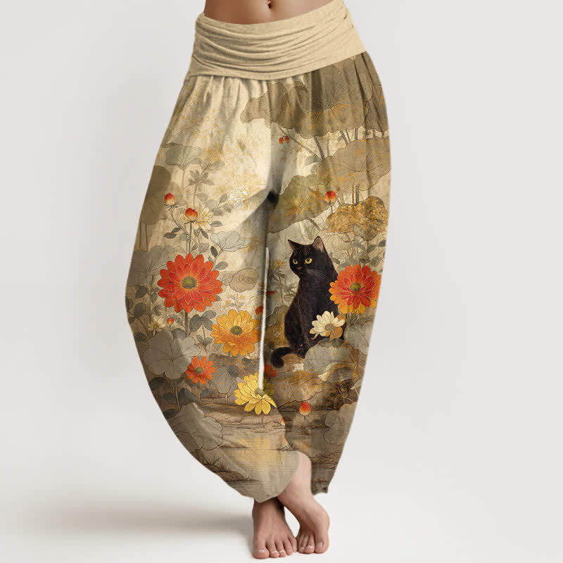 Buddha Stones Damen-Haremshose aus reiner Baumwolle mit Vintage-Muster (schwarze Katze, Blumenmuster, elastischer Bund) - Bräunen - US16, UK/AU20, EU48 (3XL) - image 0