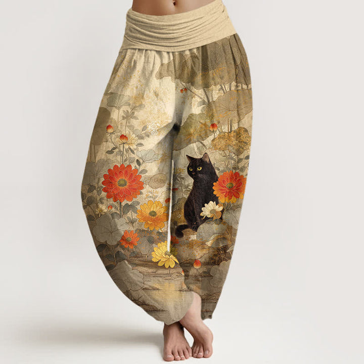 Buddha Stones Damen-Haremshose aus reiner Baumwolle mit Vintage-Muster (schwarze Katze, Blumenmuster, elastischer Bund) - Bräunen - US16, UK/AU20, EU48 (3XL) - image 0