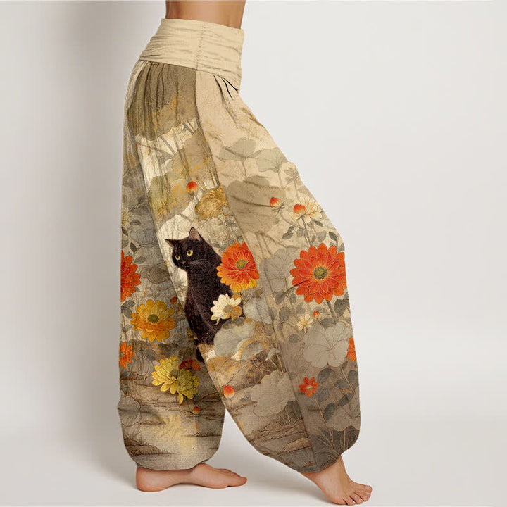 Buddha Stones Damen-Haremshose aus reiner Baumwolle mit Vintage-Muster (schwarze Katze, Blumenmuster, elastischer Bund) - image 2