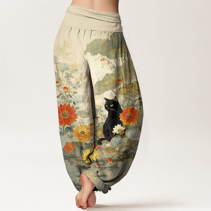 Buddha Stones Damen-Haremshose aus reiner Baumwolle mit Vintage-Muster (schwarze Katze, Blumenmuster, elastischer Bund) - image 6