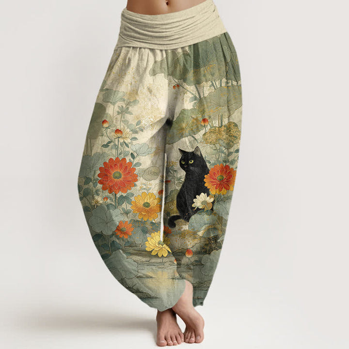 Buddha Stones Damen-Haremshose aus reiner Baumwolle mit Vintage-Muster (schwarze Katze, Blumenmuster, elastischer Bund) - Dunkelseegrün - US16, UK/AU20, EU48 (3XL) - image 5