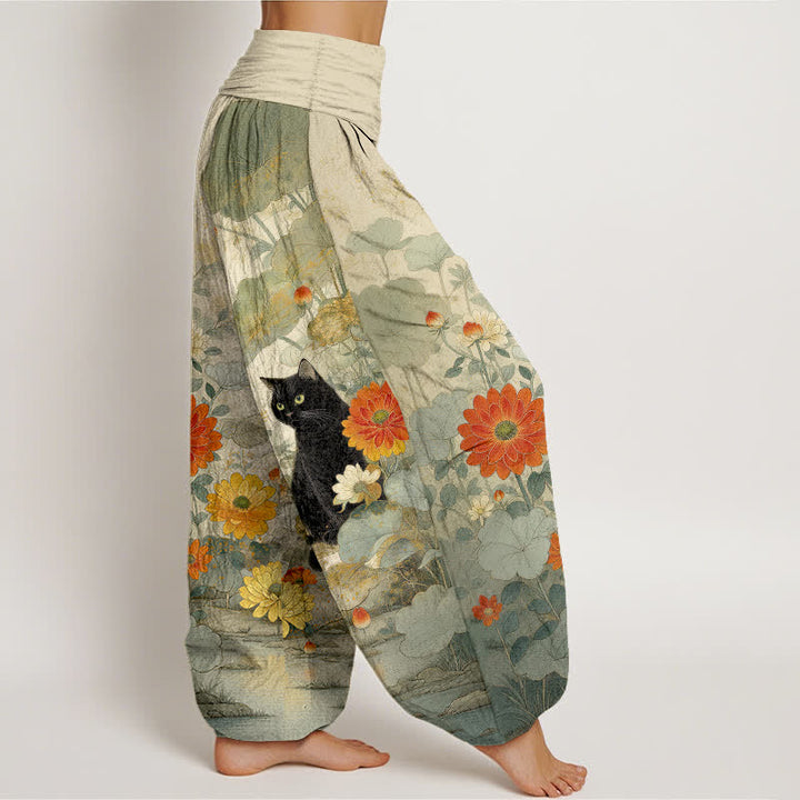 Buddha Stones Damen-Haremshose aus reiner Baumwolle mit Vintage-Muster (schwarze Katze, Blumenmuster, elastischer Bund) - image 7