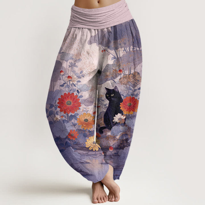 Buddha Stones Damen-Haremshose aus reiner Baumwolle mit Vintage-Muster (schwarze Katze, Blumenmuster, elastischer Bund) - Distel - US16, UK/AU20, EU48 (3XL) - image 8