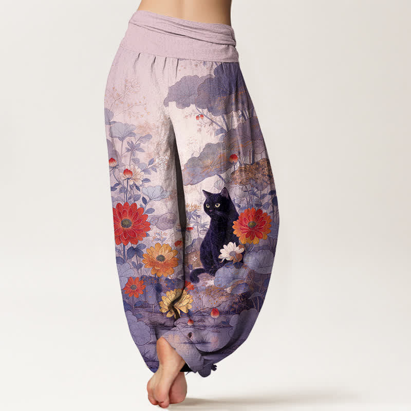 Buddha Stones Damen-Haremshose aus reiner Baumwolle mit Vintage-Muster (schwarze Katze, Blumenmuster, elastischer Bund) - image 9