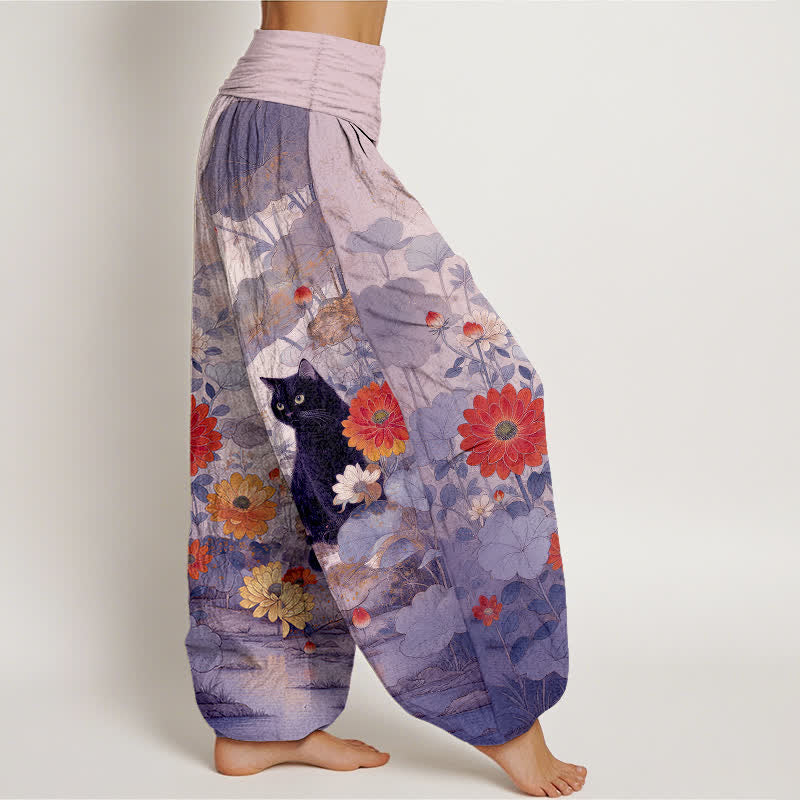 Buddha Stones Damen-Haremshose aus reiner Baumwolle mit Vintage-Muster (schwarze Katze, Blumenmuster, elastischer Bund) - image 10