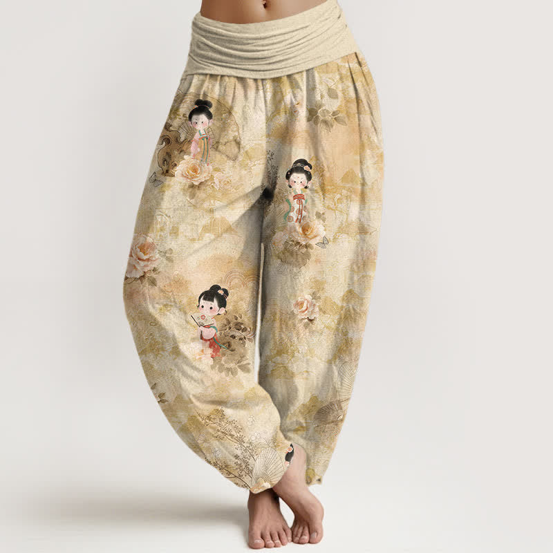 Buddha Stones Damen-Haremshose aus reiner Baumwolle mit Vintage-Blumenmuster und elastischem Bund - Weizen - US16, UK/AU20, EU48 (3XL) - image 0