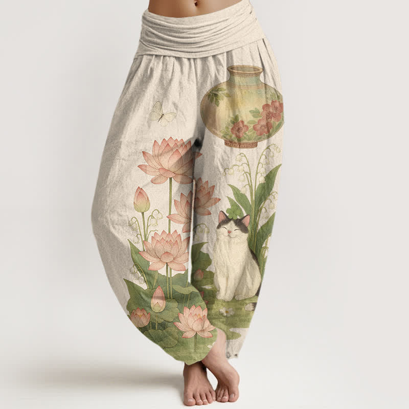 Buddha Stones Damen-Haremshose aus reiner Baumwolle mit Lotus-Katzenmuster und elastischem Bund - Beige - US16, UK/AU20, EU48 (3XL) - image 0
