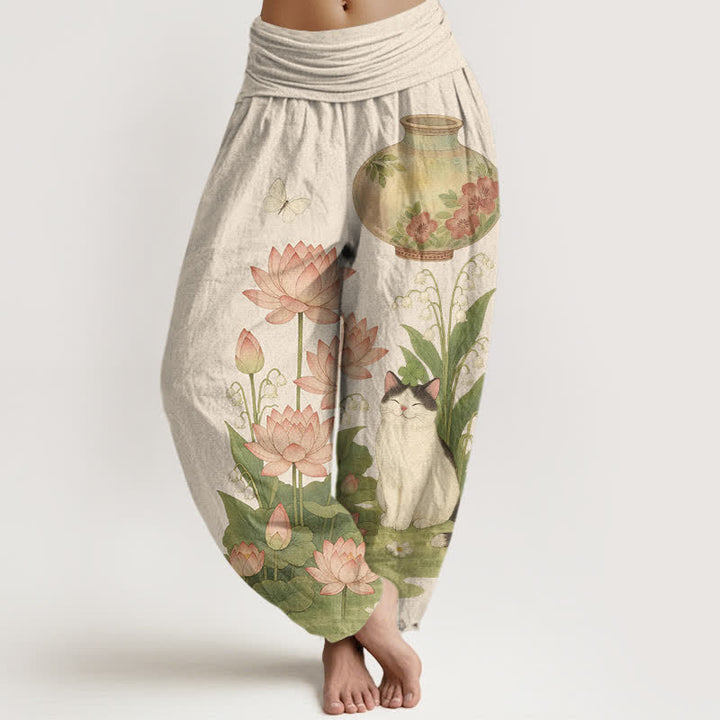 Buddha Stones Damen-Haremshose aus reiner Baumwolle mit Lotus-Katzenmuster und elastischem Bund - Beige - US16, UK/AU20, EU48 (3XL) - image 0