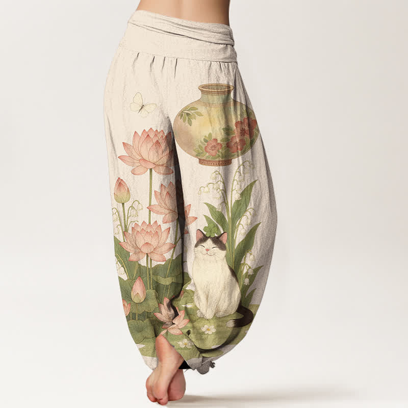 Buddha Stones Damen-Haremshose aus reiner Baumwolle mit Lotus-Katzenmuster und elastischem Bund - image 1