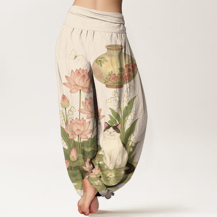Buddha Stones Damen-Haremshose aus reiner Baumwolle mit Lotus-Katzenmuster und elastischem Bund - image 1