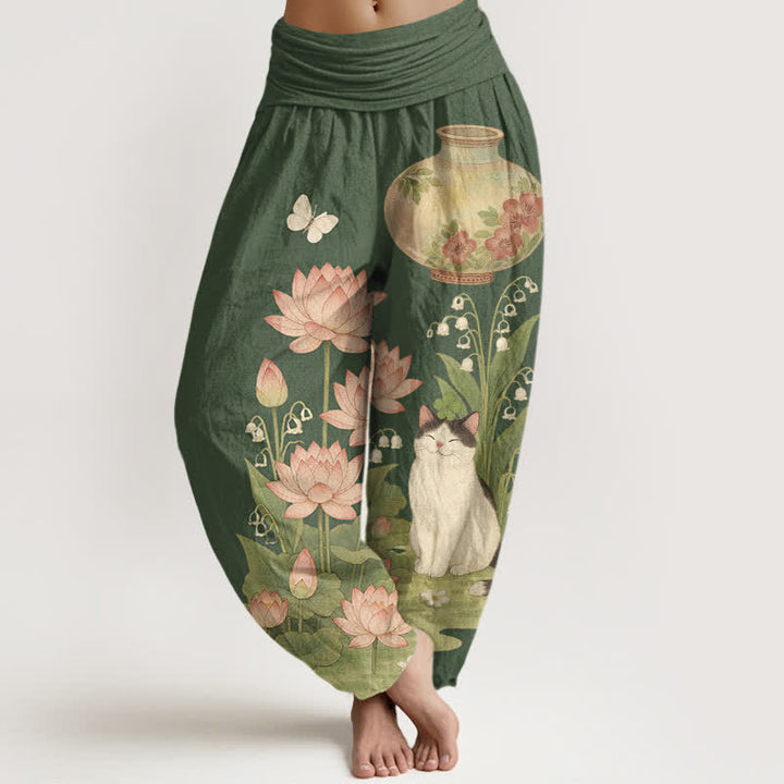 Buddha Stones Damen-Haremshose aus reiner Baumwolle mit Lotus-Katzenmuster und elastischem Bund - Dunkelolivgrün - US16, UK/AU20, EU48 (3XL) - image 5