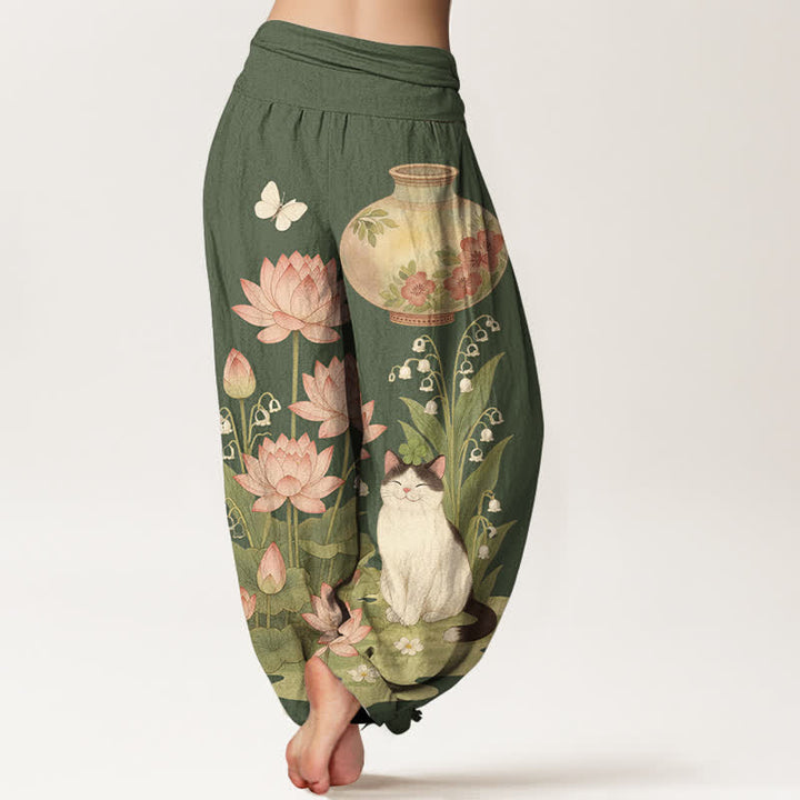 Buddha Stones Damen-Haremshose aus reiner Baumwolle mit Lotus-Katzenmuster und elastischem Bund - image 6