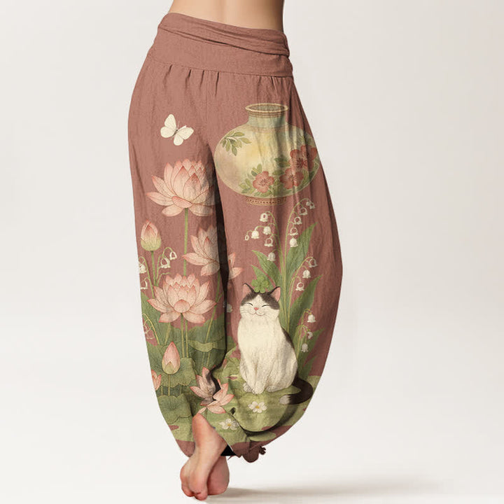 Buddha Stones Damen-Haremshose aus reiner Baumwolle mit Lotus-Katzenmuster und elastischem Bund - image 9