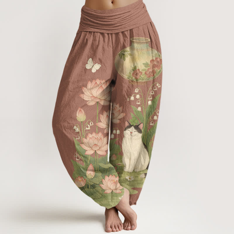 Buddha Stones Damen-Haremshose aus reiner Baumwolle mit Lotus-Katzenmuster und elastischem Bund - Sienna - US16, UK/AU20, EU48 (3XL) - image 8