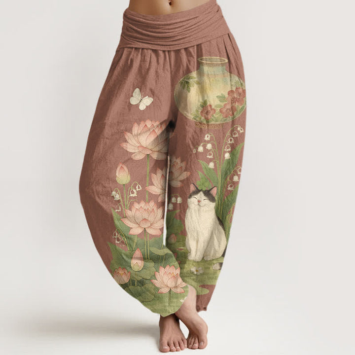 Buddha Stones Damen-Haremshose aus reiner Baumwolle mit Lotus-Katzenmuster und elastischem Bund - Sienna - US16, UK/AU20, EU48 (3XL) - image 8