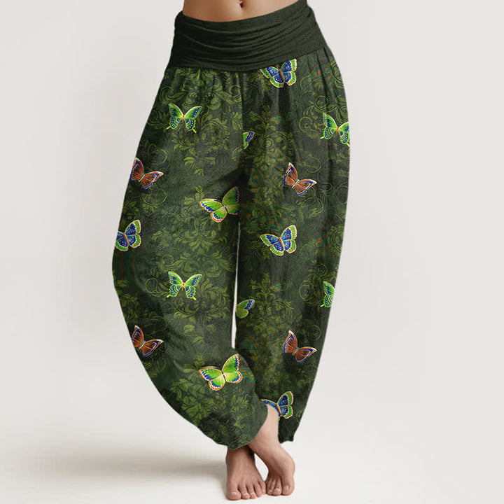 Buddha Stones Haremshose aus reiner Baumwolle mit Schmetterlingsrankenmuster und elastischem Bund für Damen. - Dunkelolivgrün - US16, UK/AU20, EU48 (3XL) - image 0