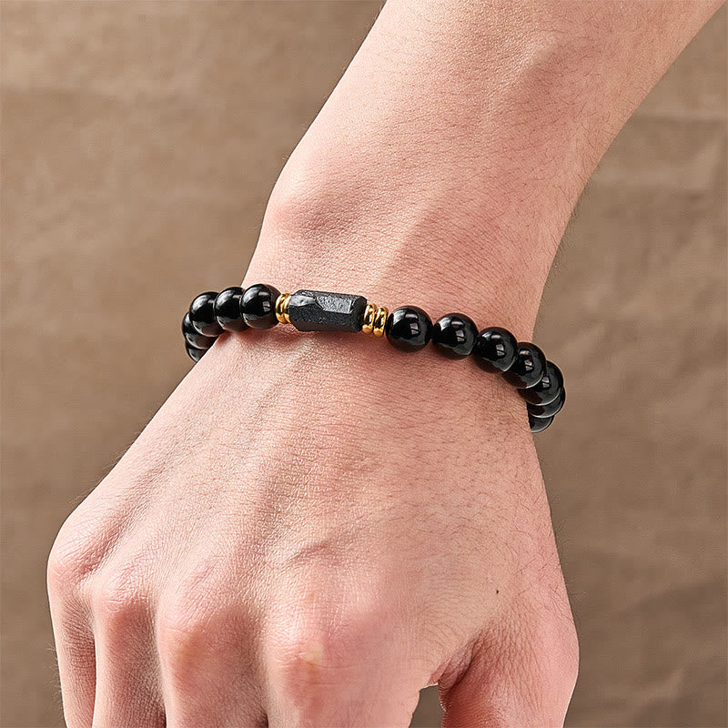 Buddha Stones Schwarzes Obsidian- und Turmalin-Schutzarmband, minimalistisch, mit runden Perlen - image 13