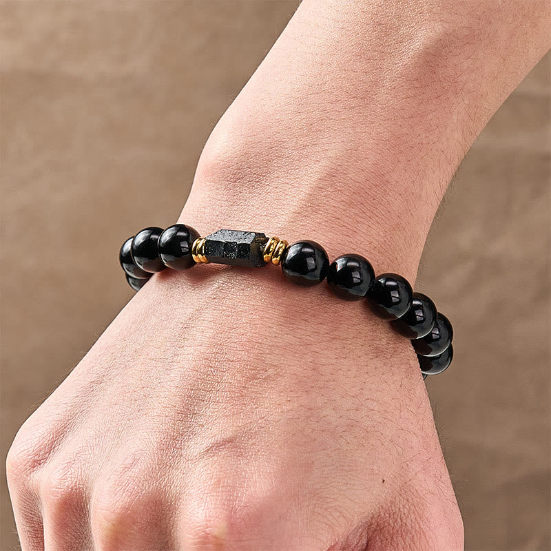 Buddha Stones Schwarzes Obsidian- und Turmalin-Schutzarmband, minimalistisch, mit runden Perlen - image 19