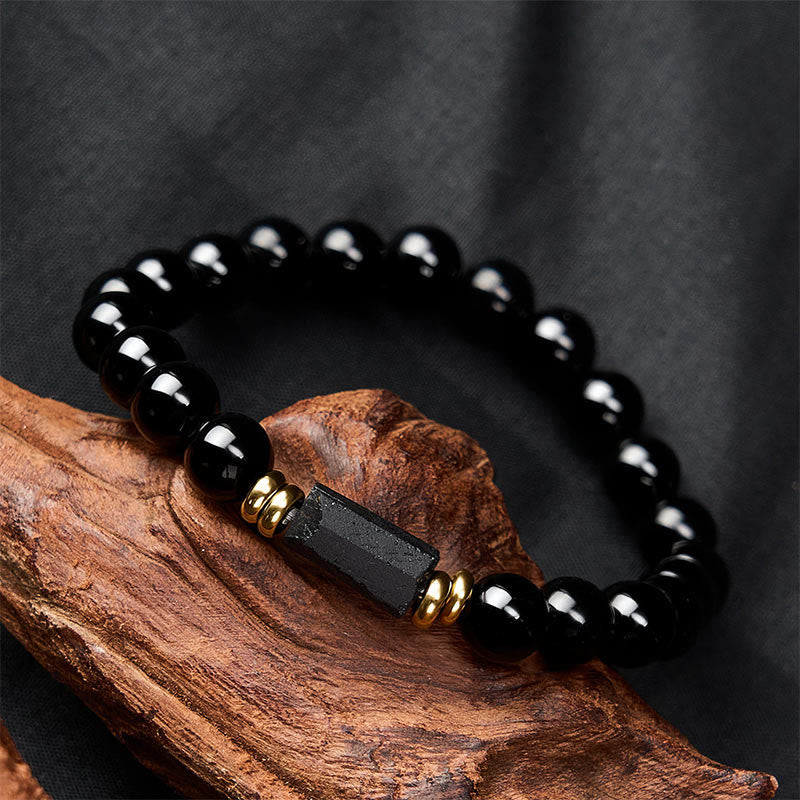 Buddha Stones Schwarzes Obsidian- und Turmalin-Schutzarmband, minimalistisch, mit runden Perlen - image 11