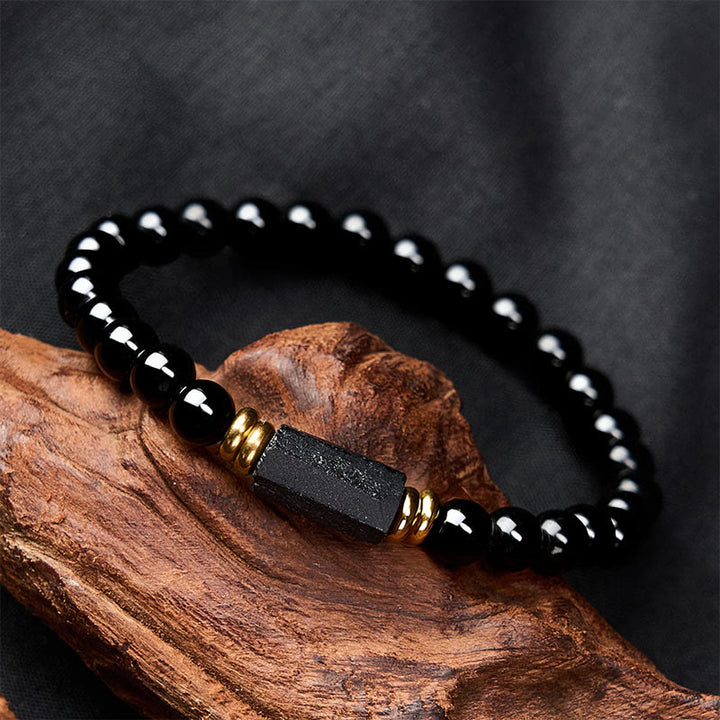 Buddha Stones Schwarzes Obsidian- und Turmalin-Schutzarmband, minimalistisch, mit runden Perlen - image 3