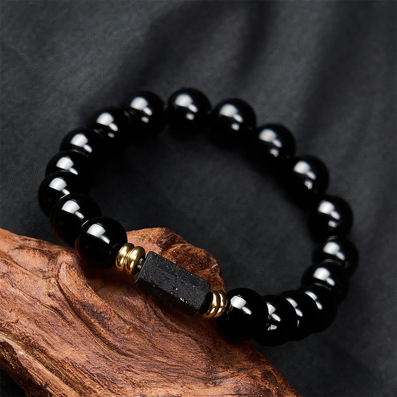 Buddha Stones Schwarzes Obsidian- und Turmalin-Schutzarmband, minimalistisch, mit runden Perlen - image 17