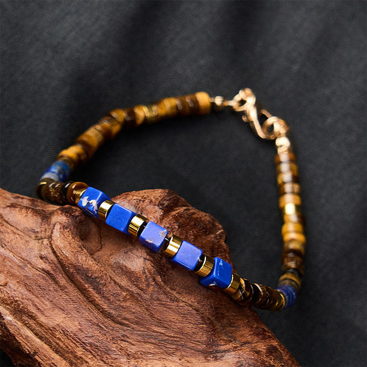 Buddha Stones Weisheitsarmband aus Lapislazuli und Tigerauge, quadratisch, mit Perlen besetzt - image 3