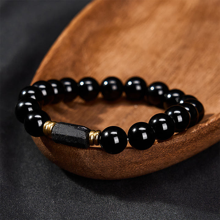Buddha Stones Schwarzes Obsidian- und Turmalin-Schutzarmband, minimalistisch, mit runden Perlen - image 16