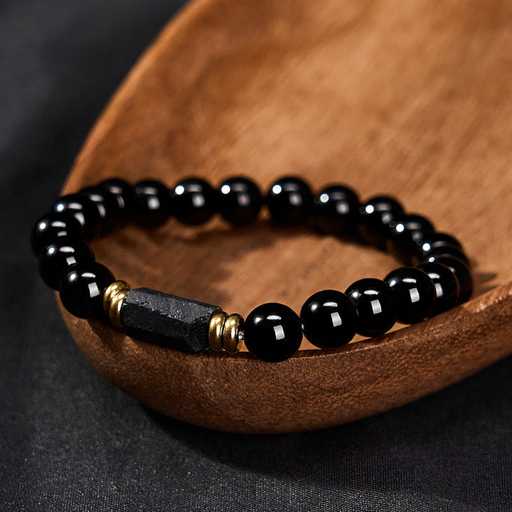 Buddha Stones Schwarzes Obsidian- und Turmalin-Schutzarmband, minimalistisch, mit runden Perlen - image 10