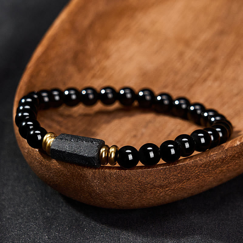 Buddha Stones Schwarzes Obsidian- und Turmalin-Schutzarmband, minimalistisch, mit runden Perlen - image 2