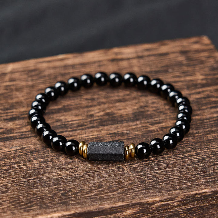 Buddha Stones Schwarzes Obsidian- und Turmalin-Schutzarmband, minimalistisch, mit runden Perlen - image 1