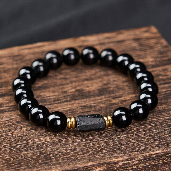 Buddha Stones Schwarzes Obsidian- und Turmalin-Schutzarmband, minimalistisch, mit runden Perlen - image 15