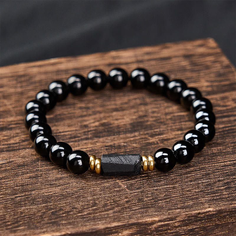 Buddha Stones Schwarzes Obsidian- und Turmalin-Schutzarmband, minimalistisch, mit runden Perlen - image 9