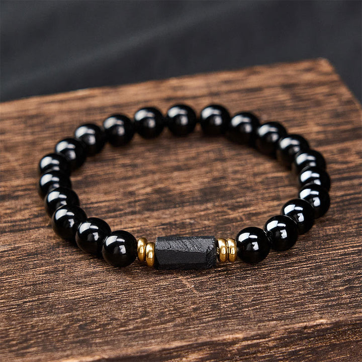 Buddha Stones Schwarzes Obsidian- und Turmalin-Schutzarmband, minimalistisch, mit runden Perlen - image 9