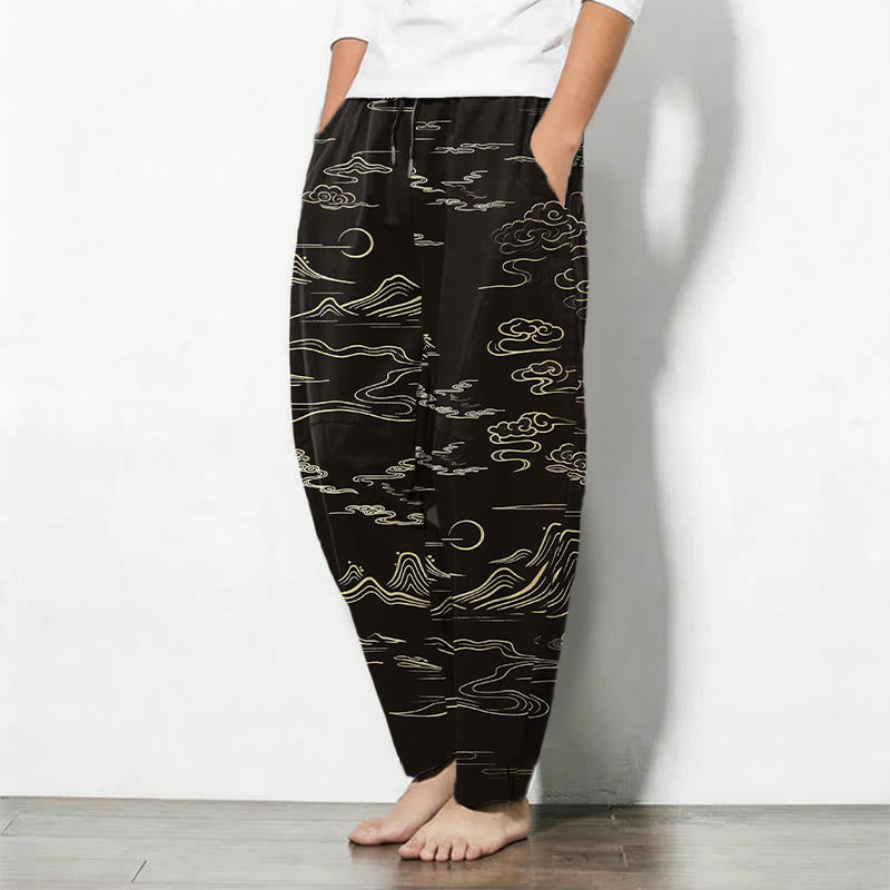 Buddha Stones Herrenhose aus reiner Baumwolle mit Wolken-, Berg- und Wellenmuster, Kordelzug, schmal zulaufendem Schnitt und Taschen - image 1