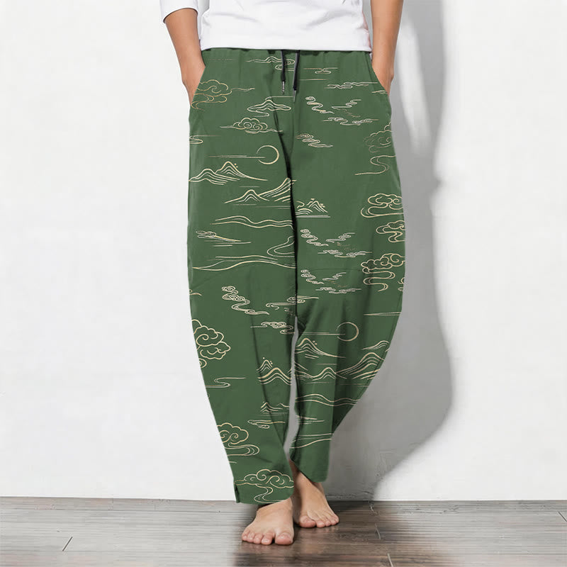 Buddha Stones Herrenhose aus reiner Baumwolle mit Wolken-, Berg- und Wellenmuster, Kordelzug, schmal zulaufendem Schnitt und Taschen - Dunkelolivgrün - US/ UK/AU50, EU60 (5XL) - image 7
