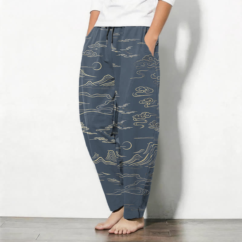Buddha Stones Herrenhose aus reiner Baumwolle mit Wolken-, Berg- und Wellenmuster, Kordelzug, schmal zulaufendem Schnitt und Taschen - image 12