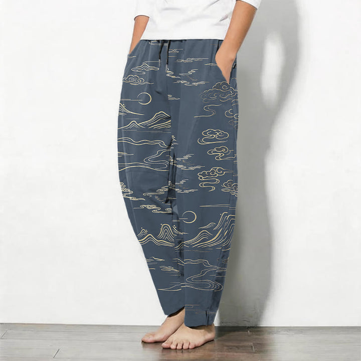 Buddha Stones Herrenhose aus reiner Baumwolle mit Wolken-, Berg- und Wellenmuster, Kordelzug, schmal zulaufendem Schnitt und Taschen - image 12