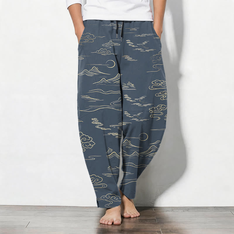 Buddha Stones Herrenhose aus reiner Baumwolle mit Wolken-, Berg- und Wellenmuster, Kordelzug, schmal zulaufendem Schnitt und Taschen - SteelBlue - US/ UK/AU50, EU60 (5XL) - image 11