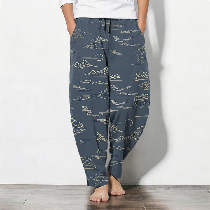 Buddha Stones Herrenhose aus reiner Baumwolle mit Wolken-, Berg- und Wellenmuster, Kordelzug, schmal zulaufendem Schnitt und Taschen - SteelBlue - US/ UK/AU50, EU60 (5XL) - image 11
