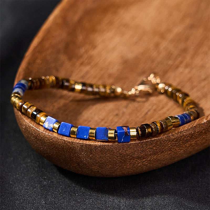 Buddha Stones Weisheitsarmband aus Lapislazuli und Tigerauge, quadratisch, mit Perlen besetzt - image 2