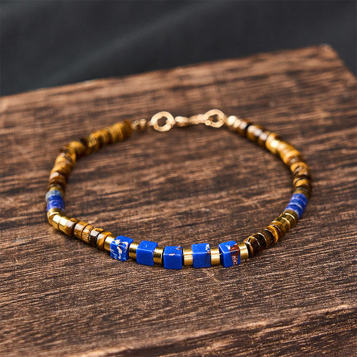 Buddha Stones Weisheitsarmband aus Lapislazuli und Tigerauge, quadratisch, mit Perlen besetzt - image 1