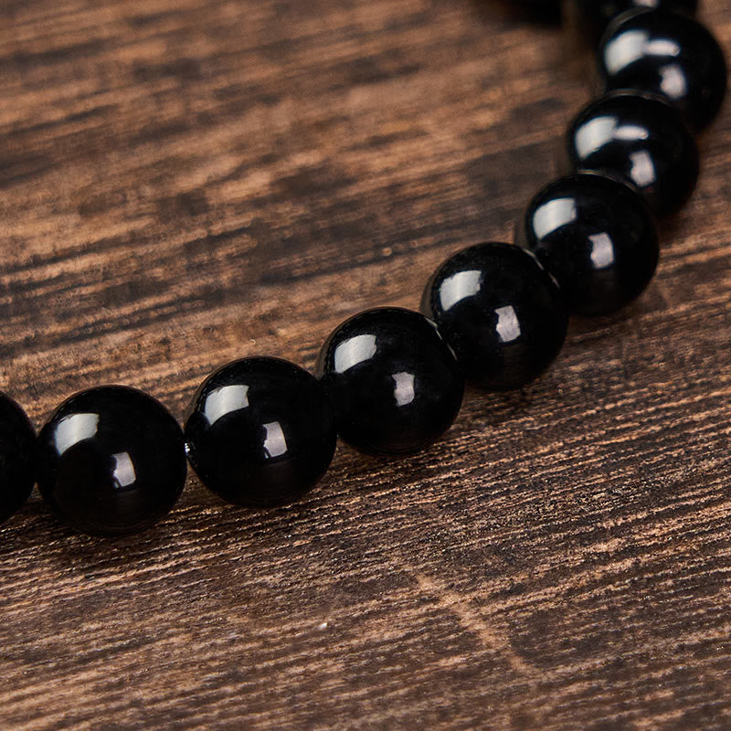 Buddha Stones Schwarzes Obsidian- und Turmalin-Schutzarmband, minimalistisch, mit runden Perlen - image 12