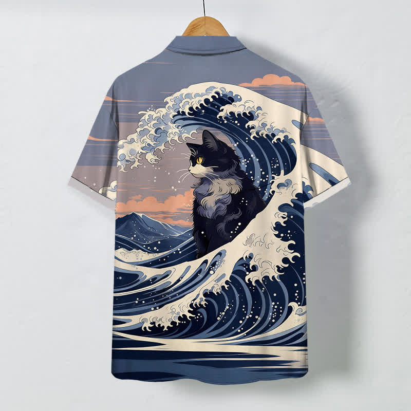 Buddha Stones Atmungsaktives Herren-Kurzarmhemd mit schwarzem Katzenmuster und Knöpfen im Great Wave-Design - image 1