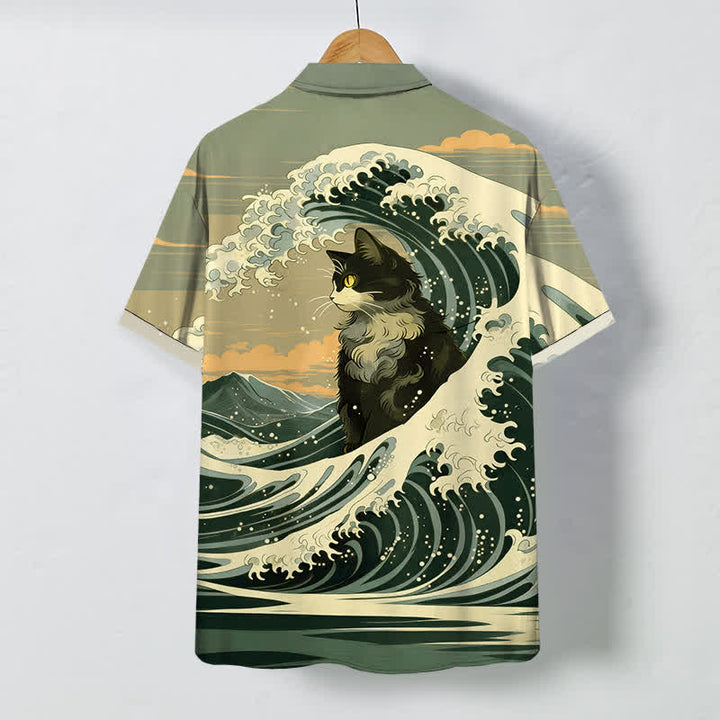 Buddha Stones Atmungsaktives Herren-Kurzarmhemd mit schwarzem Katzenmuster und Knöpfen im Great Wave-Design - image 6
